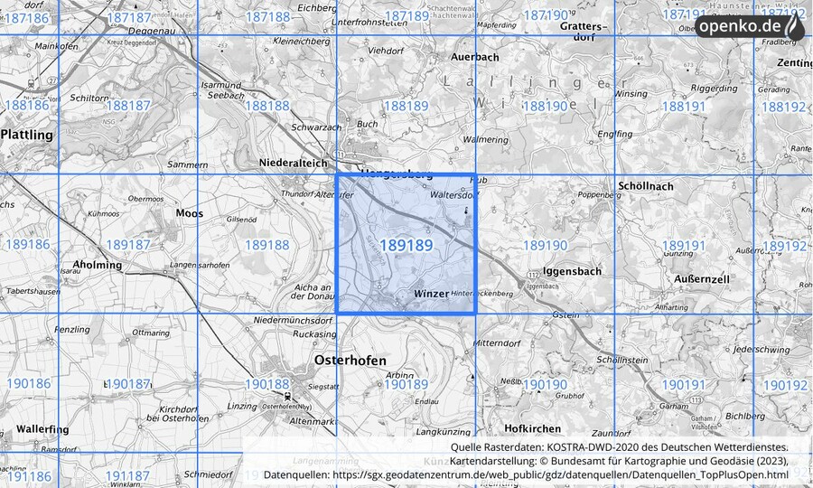 Übersichtskarte des KOSTRA-DWD-2020-Rasterfeldes Nr. 189189