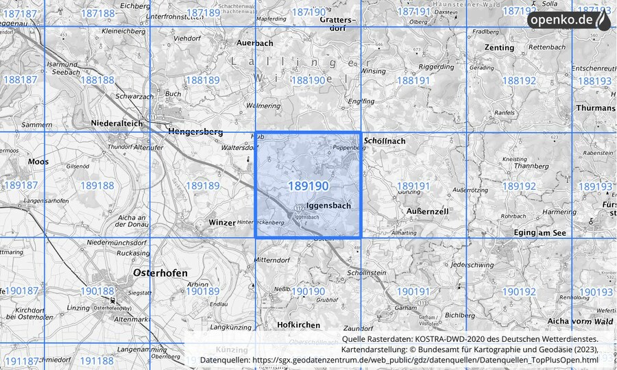 Übersichtskarte des KOSTRA-DWD-2020-Rasterfeldes Nr. 189190