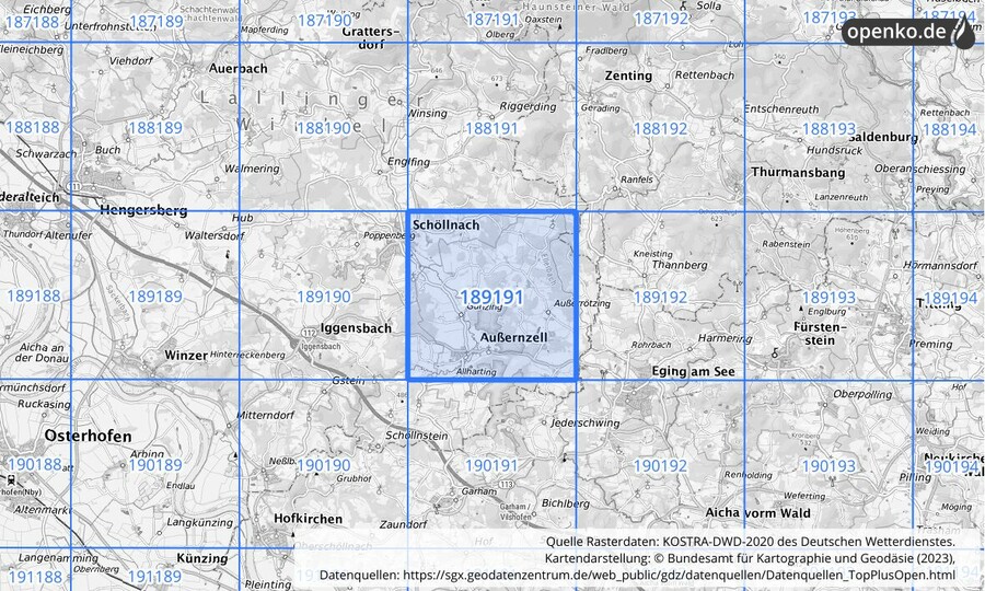 Übersichtskarte des KOSTRA-DWD-2020-Rasterfeldes Nr. 189191