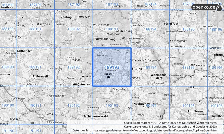 Übersichtskarte des KOSTRA-DWD-2020-Rasterfeldes Nr. 189193