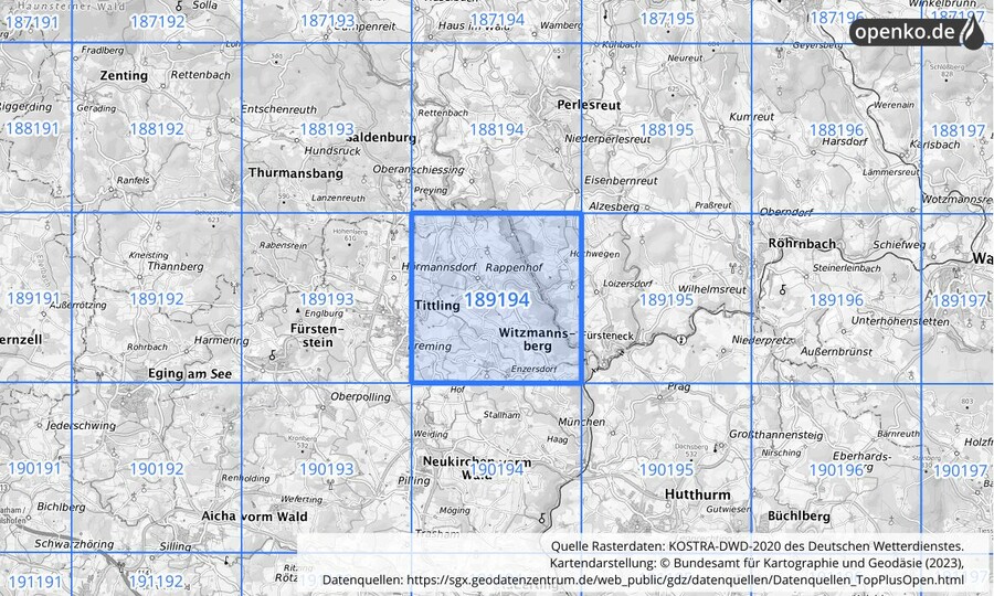 Übersichtskarte des KOSTRA-DWD-2020-Rasterfeldes Nr. 189194