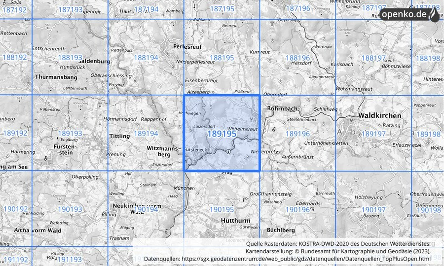 Übersichtskarte des KOSTRA-DWD-2020-Rasterfeldes Nr. 189195