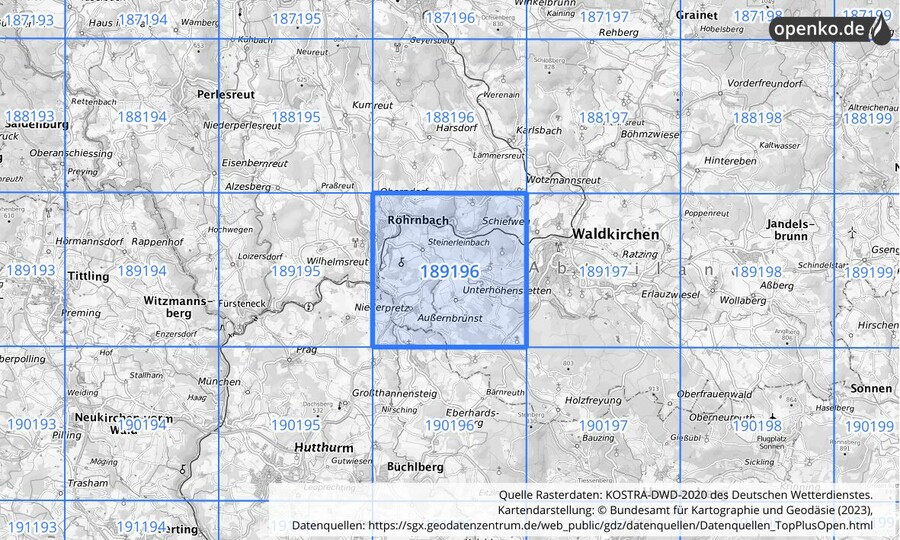 Übersichtskarte des KOSTRA-DWD-2020-Rasterfeldes Nr. 189196