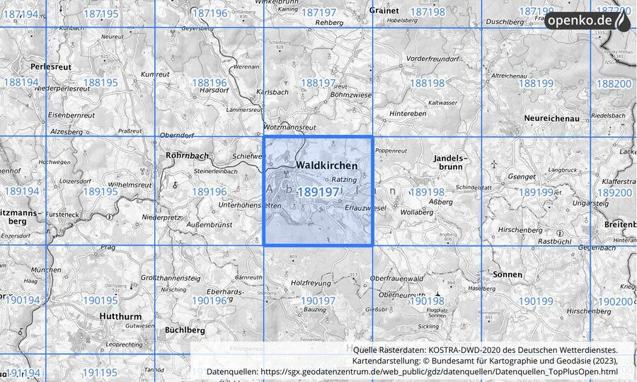 Übersichtskarte des KOSTRA-DWD-2020-Rasterfeldes Nr. 189197