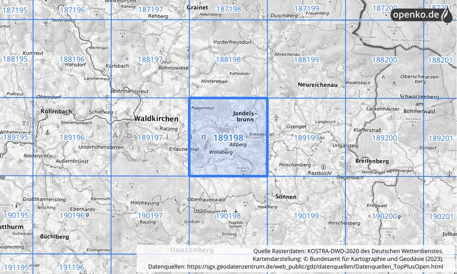 Übersichtskarte des KOSTRA-DWD-2020-Rasterfeldes Nr. 189198