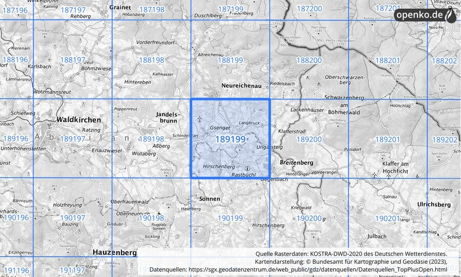 Übersichtskarte des KOSTRA-DWD-2020-Rasterfeldes Nr. 189199