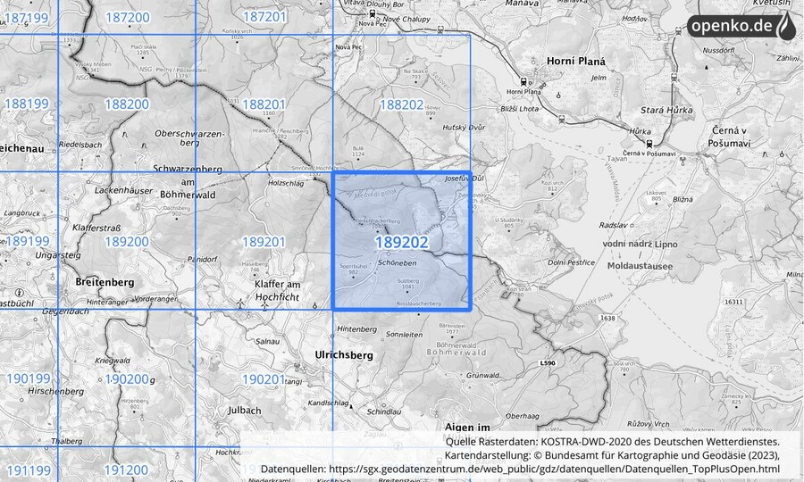 Übersichtskarte des KOSTRA-DWD-2020-Rasterfeldes Nr. 189202