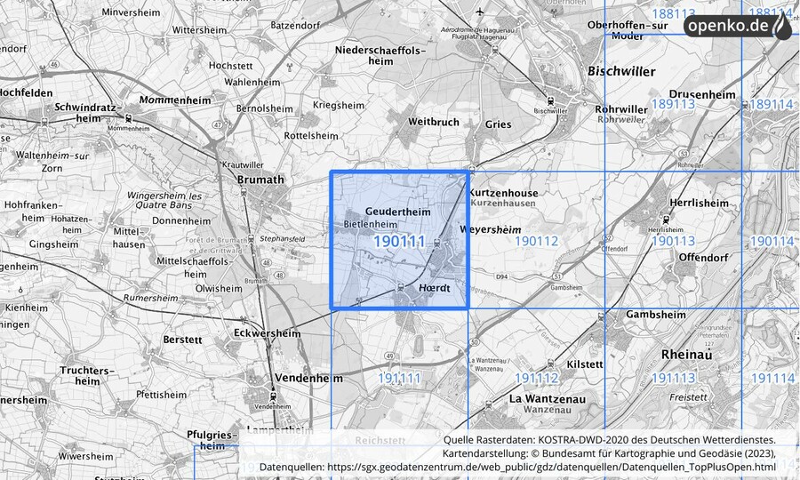 Übersichtskarte des KOSTRA-DWD-2020-Rasterfeldes Nr. 190111