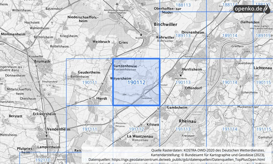 Übersichtskarte des KOSTRA-DWD-2020-Rasterfeldes Nr. 190112