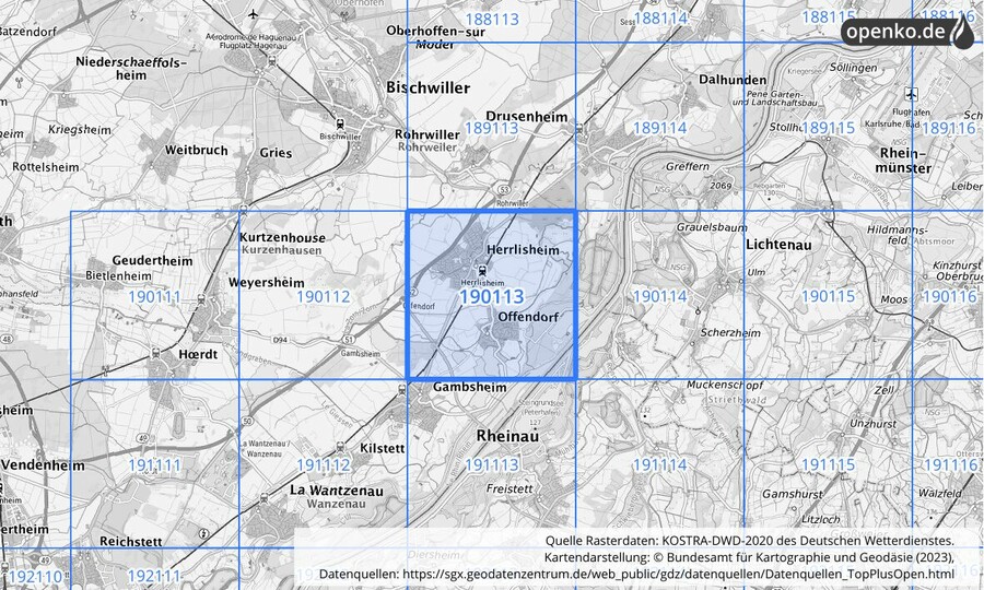 Übersichtskarte des KOSTRA-DWD-2020-Rasterfeldes Nr. 190113