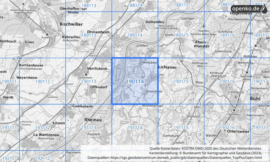 Übersichtskarte des KOSTRA-DWD-2020-Rasterfeldes Nr. 190114