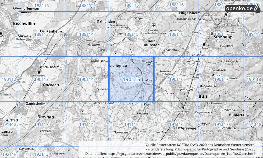 Übersichtskarte des KOSTRA-DWD-2020-Rasterfeldes Nr. 190115
