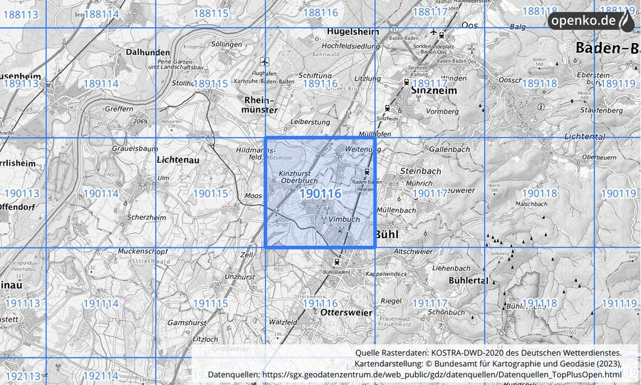 Übersichtskarte des KOSTRA-DWD-2020-Rasterfeldes Nr. 190116