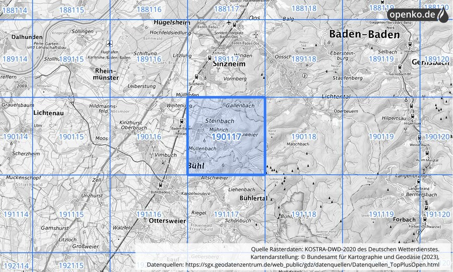 Übersichtskarte des KOSTRA-DWD-2020-Rasterfeldes Nr. 190117