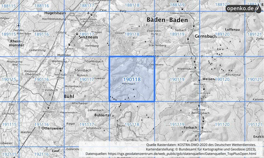 Übersichtskarte des KOSTRA-DWD-2020-Rasterfeldes Nr. 190118