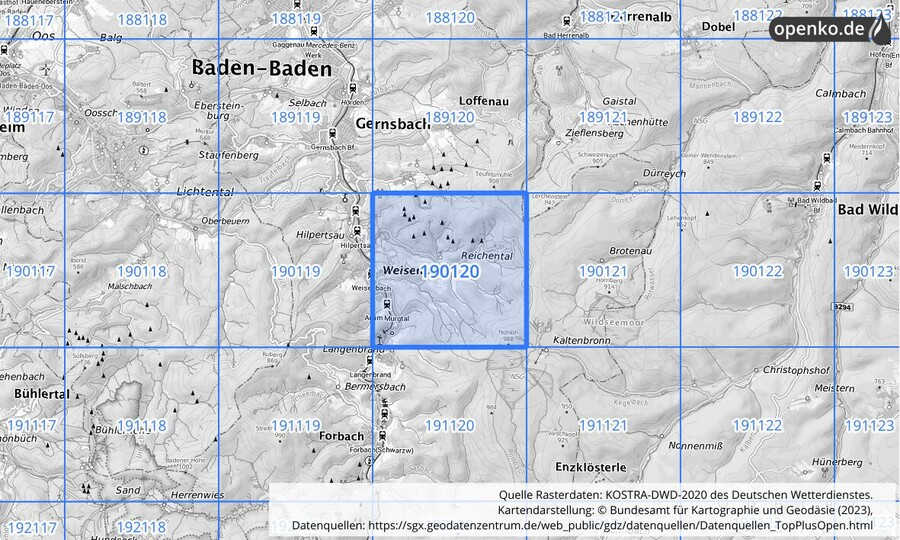 Übersichtskarte des KOSTRA-DWD-2020-Rasterfeldes Nr. 190120