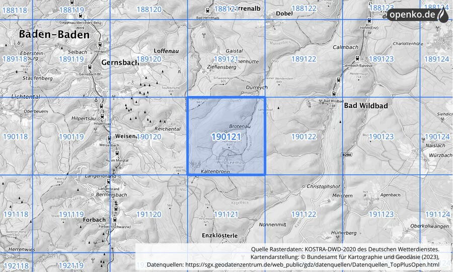 Übersichtskarte des KOSTRA-DWD-2020-Rasterfeldes Nr. 190121