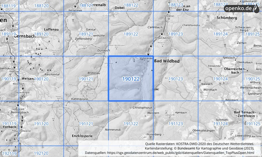 Übersichtskarte des KOSTRA-DWD-2020-Rasterfeldes Nr. 190122