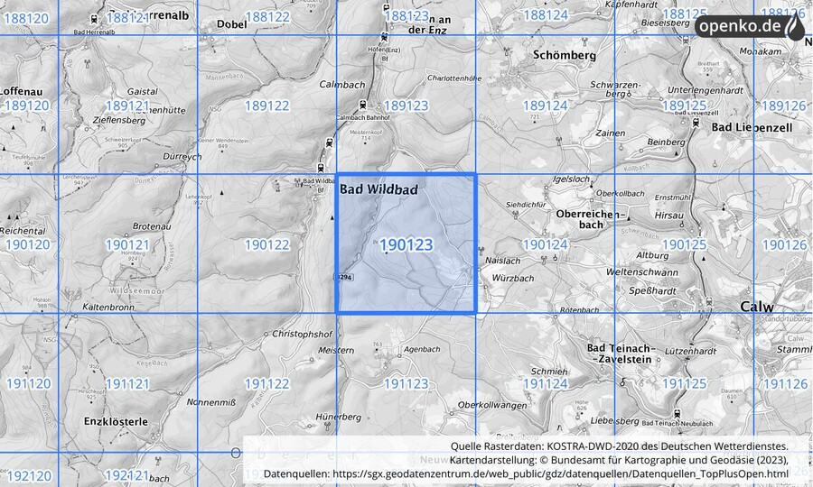 Übersichtskarte des KOSTRA-DWD-2020-Rasterfeldes Nr. 190123