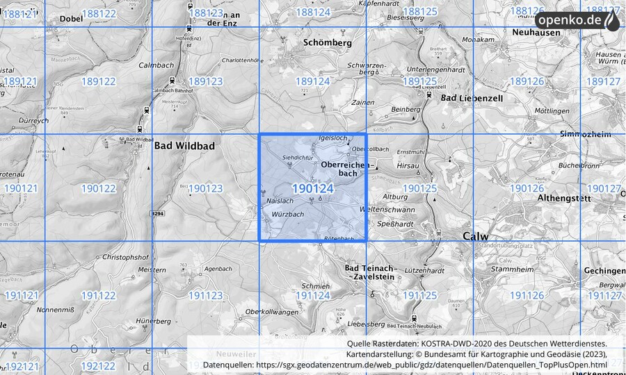 Übersichtskarte des KOSTRA-DWD-2020-Rasterfeldes Nr. 190124