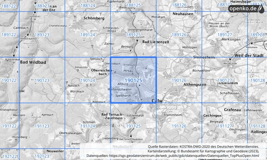 Übersichtskarte des KOSTRA-DWD-2020-Rasterfeldes Nr. 190125