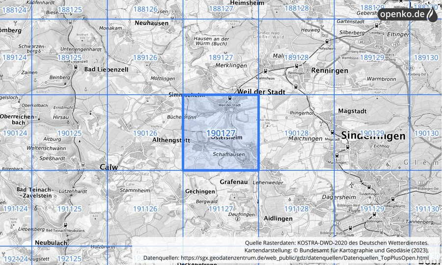 Übersichtskarte des KOSTRA-DWD-2020-Rasterfeldes Nr. 190127