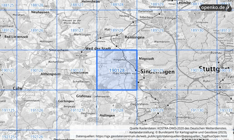 Übersichtskarte des KOSTRA-DWD-2020-Rasterfeldes Nr. 190128