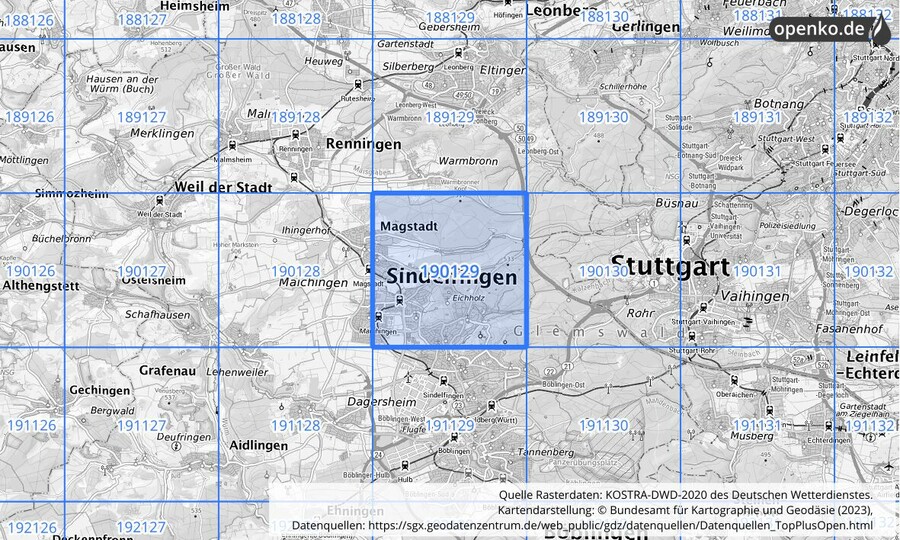 Übersichtskarte des KOSTRA-DWD-2020-Rasterfeldes Nr. 190129