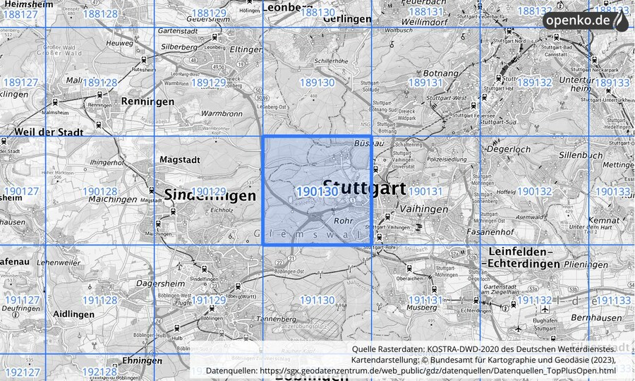 Übersichtskarte des KOSTRA-DWD-2020-Rasterfeldes Nr. 190130
