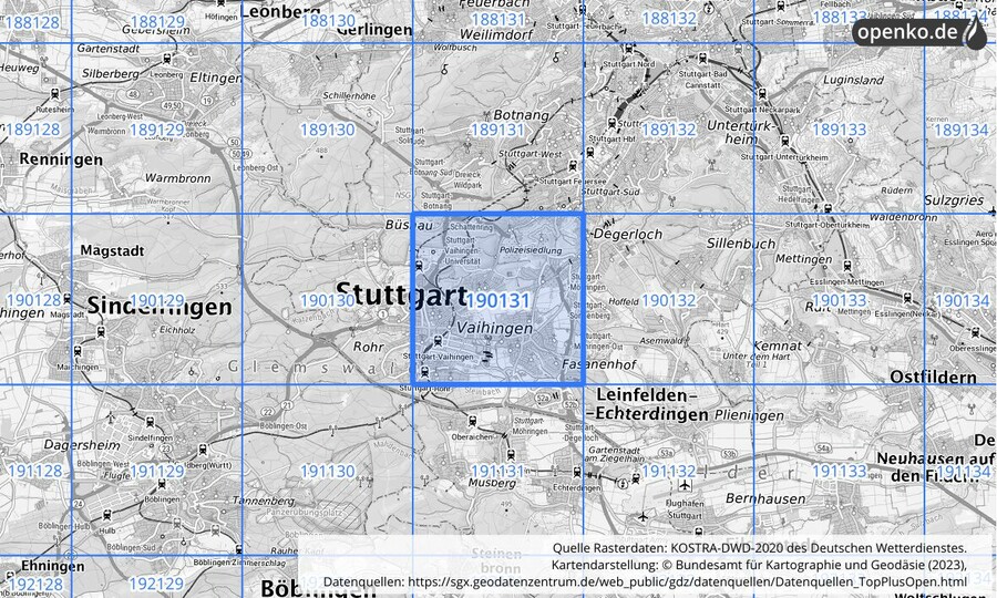 Übersichtskarte des KOSTRA-DWD-2020-Rasterfeldes Nr. 190131