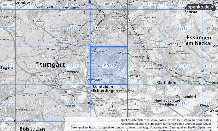 Übersichtskarte des KOSTRA-DWD-2020-Rasterfeldes Nr. 190132