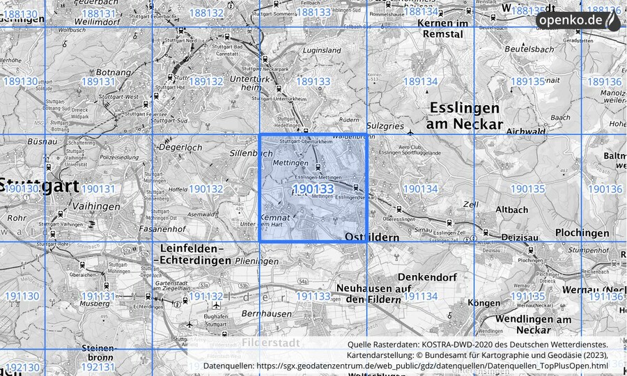 Übersichtskarte des KOSTRA-DWD-2020-Rasterfeldes Nr. 190133