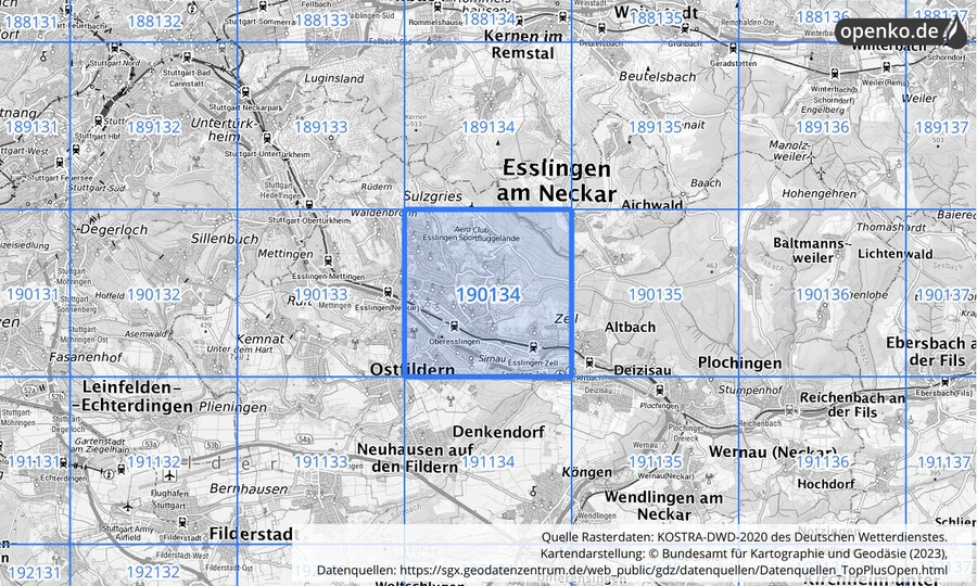 Übersichtskarte des KOSTRA-DWD-2020-Rasterfeldes Nr. 190134