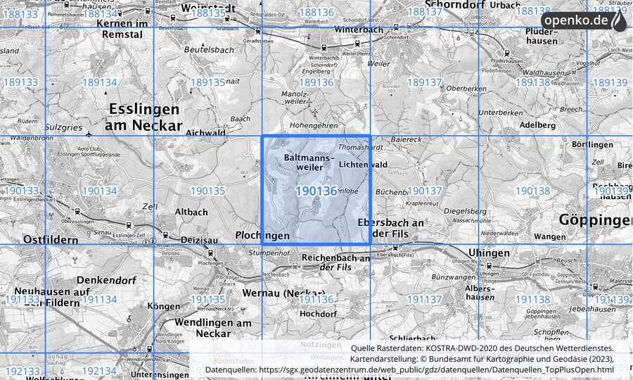 Übersichtskarte des KOSTRA-DWD-2020-Rasterfeldes Nr. 190136