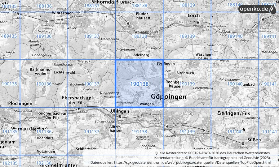 Übersichtskarte des KOSTRA-DWD-2020-Rasterfeldes Nr. 190138