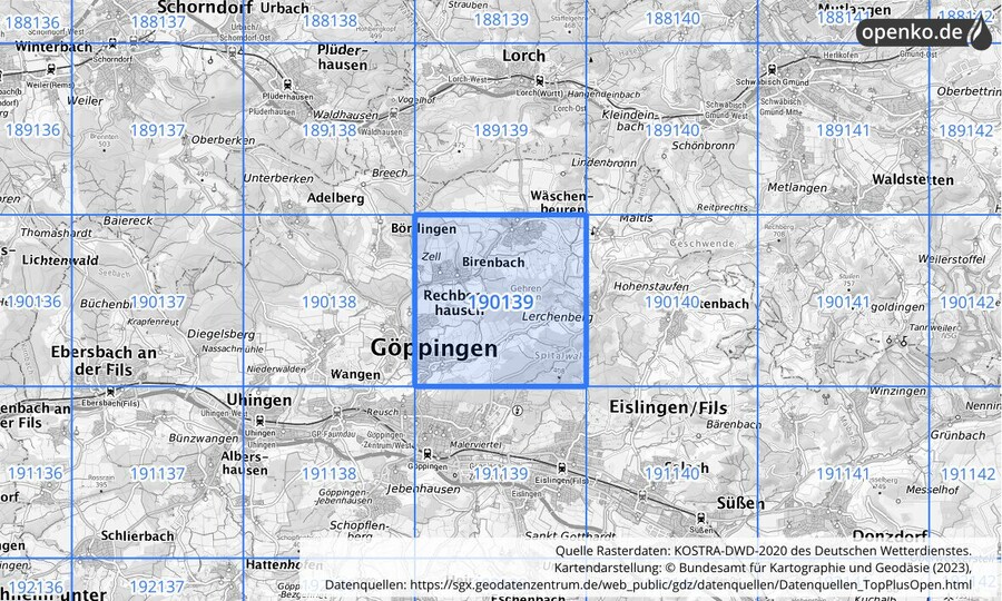 Übersichtskarte des KOSTRA-DWD-2020-Rasterfeldes Nr. 190139