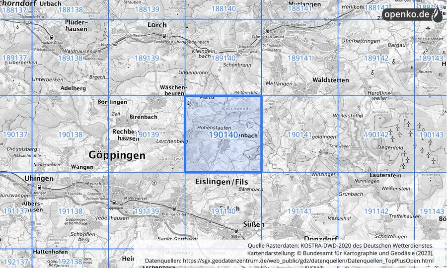 Übersichtskarte des KOSTRA-DWD-2020-Rasterfeldes Nr. 190140