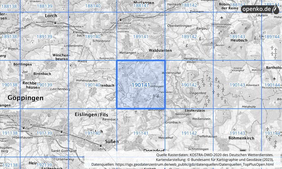 Übersichtskarte des KOSTRA-DWD-2020-Rasterfeldes Nr. 190141