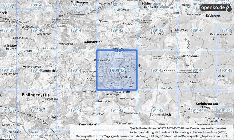Übersichtskarte des KOSTRA-DWD-2020-Rasterfeldes Nr. 190142