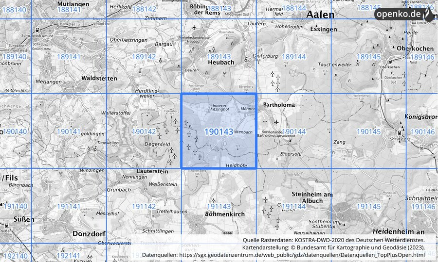 Übersichtskarte des KOSTRA-DWD-2020-Rasterfeldes Nr. 190143