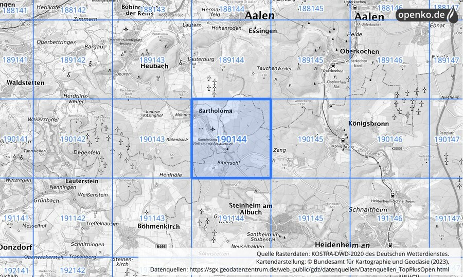 Übersichtskarte des KOSTRA-DWD-2020-Rasterfeldes Nr. 190144