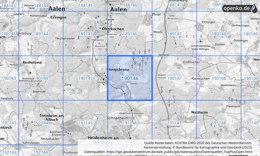 Übersichtskarte des KOSTRA-DWD-2020-Rasterfeldes Nr. 190146