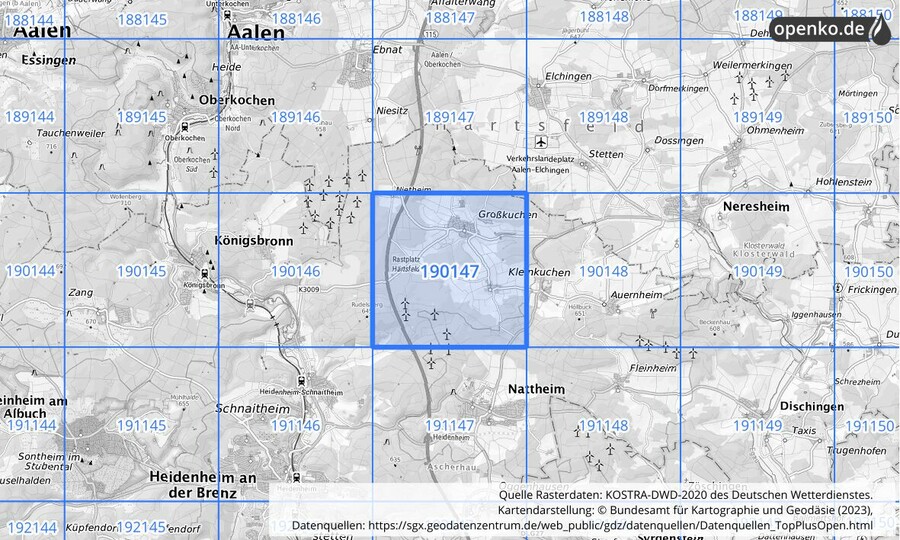 Übersichtskarte des KOSTRA-DWD-2020-Rasterfeldes Nr. 190147