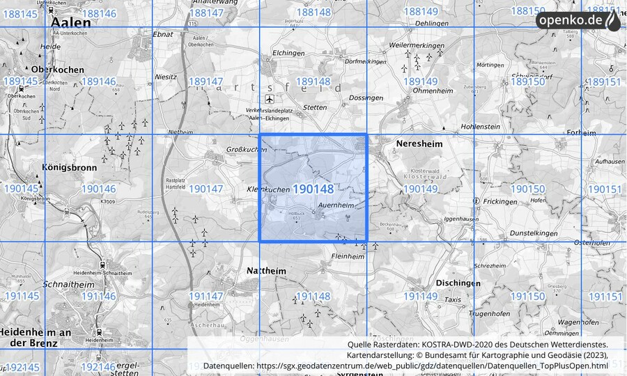 Übersichtskarte des KOSTRA-DWD-2020-Rasterfeldes Nr. 190148