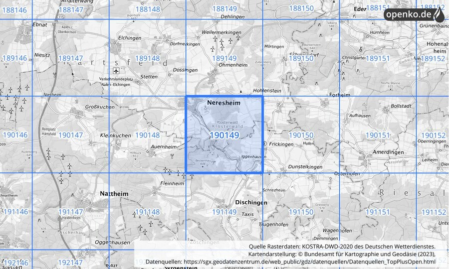 Übersichtskarte des KOSTRA-DWD-2020-Rasterfeldes Nr. 190149