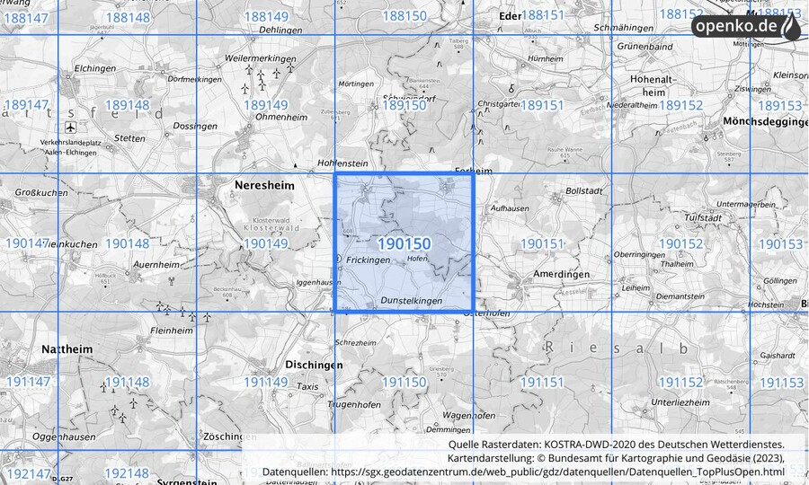 Übersichtskarte des KOSTRA-DWD-2020-Rasterfeldes Nr. 190150