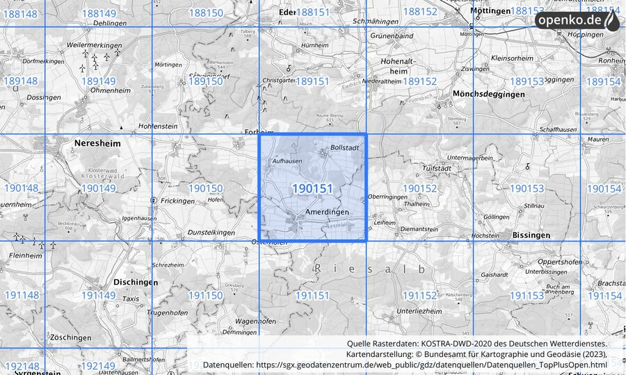 Übersichtskarte des KOSTRA-DWD-2020-Rasterfeldes Nr. 190151