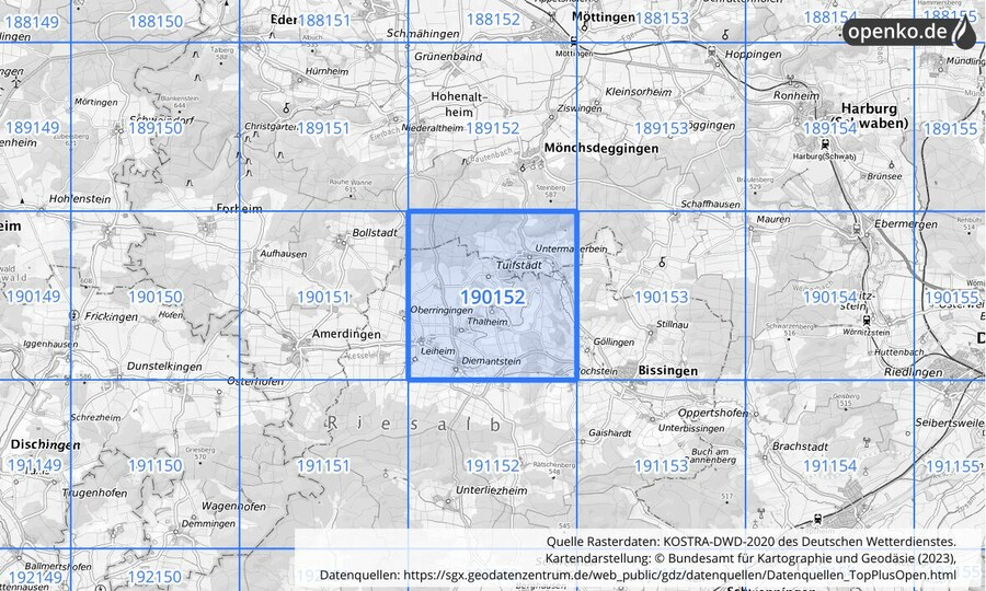 Übersichtskarte des KOSTRA-DWD-2020-Rasterfeldes Nr. 190152