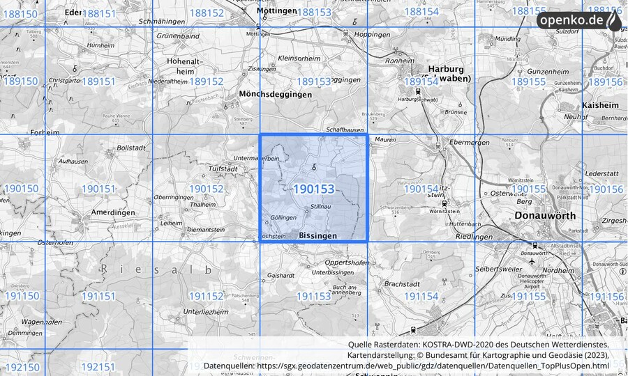 Übersichtskarte des KOSTRA-DWD-2020-Rasterfeldes Nr. 190153
