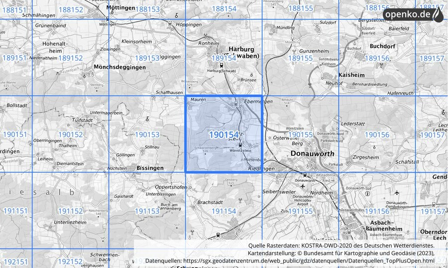 Übersichtskarte des KOSTRA-DWD-2020-Rasterfeldes Nr. 190154